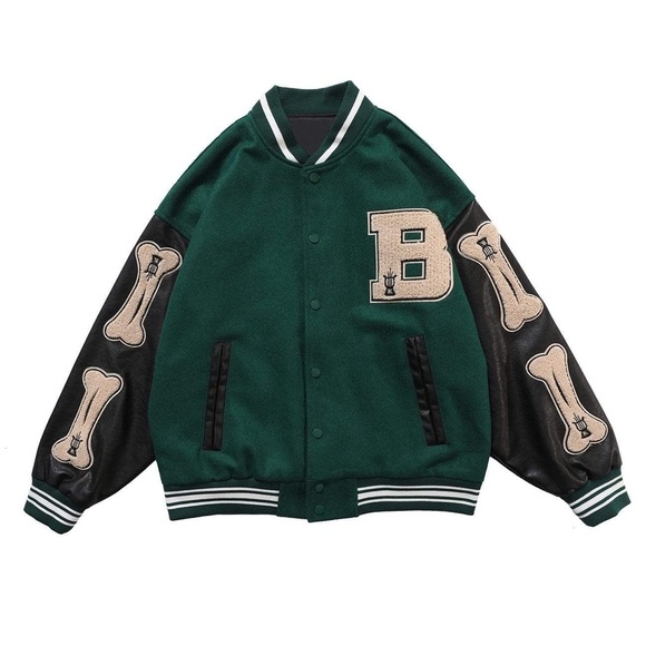 Size Medium green and black leather varsity jacket. - Picture 1 of 2